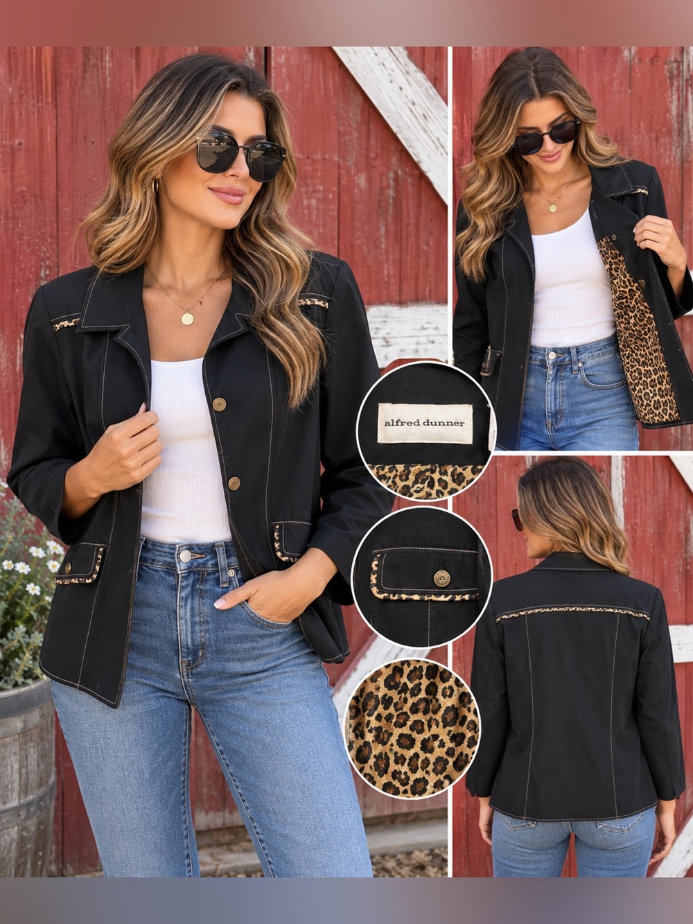 Alfred Dunner Black Leopard Print Lined Jacket Blazer Size 12 Animal Print